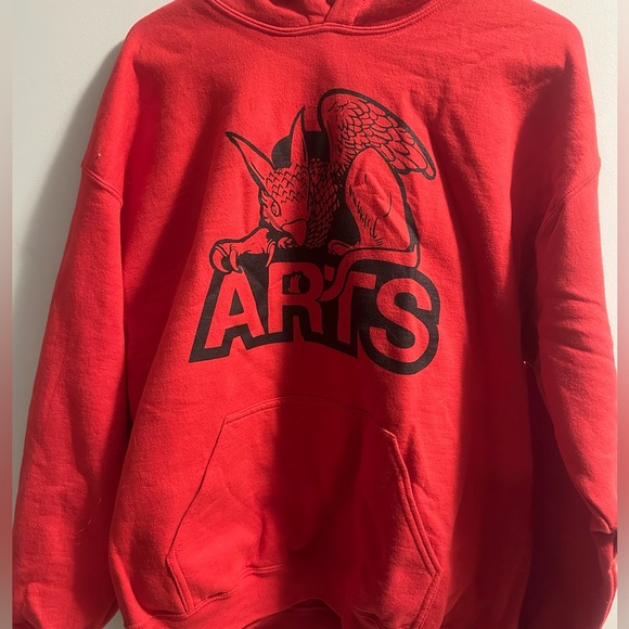 Bright red sweatshirt/hoodie with Gryphon + Arts design - Picture 1 of 4